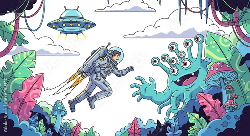 Astronaut Running from Monster Hand Drawn Style Colorful Jungle Scene Space Adventure high quality professional