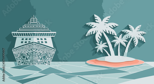 Stylized paper art illustration of a cruise ship sailing on a geometric sea towards a palm tree island.