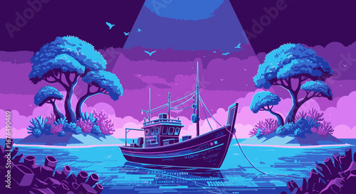 Pixel art illustration of a fishing boat moored in a tranquil purple and blue cove at night.