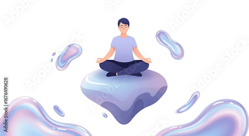 Man meditating on cloud surreal digital art peaceful relaxation spiritual journey high quality professional