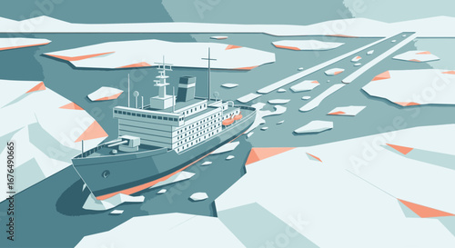 An icebreaker ship powerfully cuts a channel through a vast, frozen arctic sea, surrounded by ice floes.