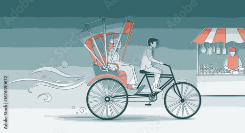 Illustration of a man pulling a cycle rickshaw with a passenger past a street food vendor.