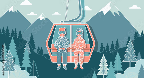 Illustration of two people in ski goggles riding a gondola lift up a snowy mountain range with pine trees.
