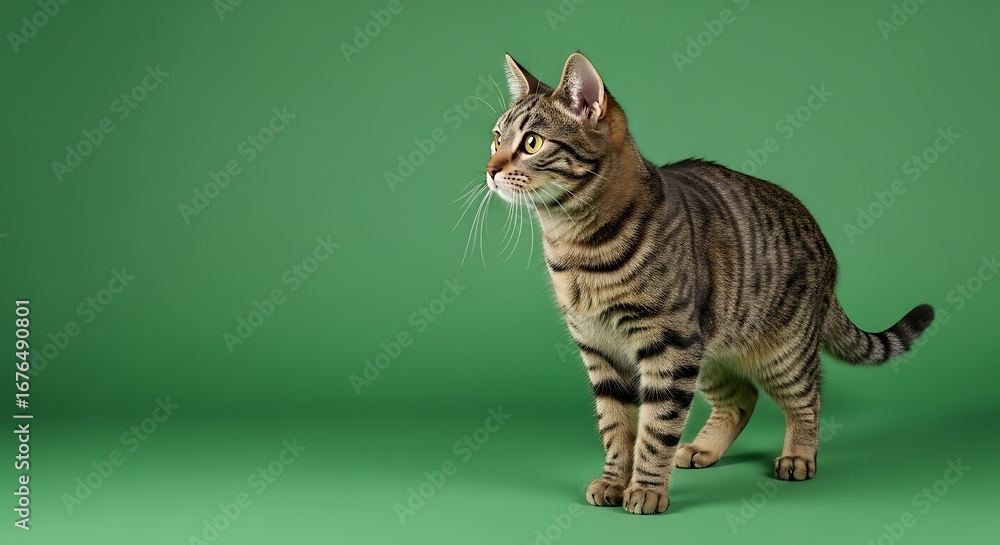 Obraz premium A tabby cat with distinctive stripes stands alert against a plain green background, looking off to the side.