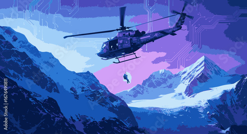 A pixel art helicopter flies over a dramatic, snow-covered mountain range, its silhouette against a purple and pink sky.