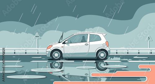 Vector illustration of a white hatchback car driving on a wet highway during a rainy day with reflections in puddles.