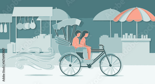 A couple enjoys a ride on a cycle rickshaw through a vibrant street market in this paper-cut style illustration.
