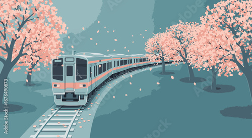 A Japanese train travels on a curved track through a scenic landscape of blooming pink cherry blossom trees in spring.
