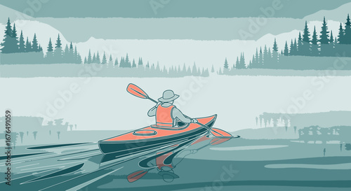 Stylized illustration of a person kayaking on a tranquil, misty lake with a forest and mountains in the background.