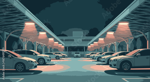 An illustrative depiction of a covered parking lot at night, with two rows of cars illuminated by warm overhead lights.