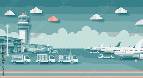 Stylized paper-cut illustration of a busy airport tarmac with airplanes, ground vehicles, and an air traffic control tower.