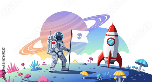 Astronaut planting flag on alien planet rocket ship vibrant colors whimsical space exploration high quality professional