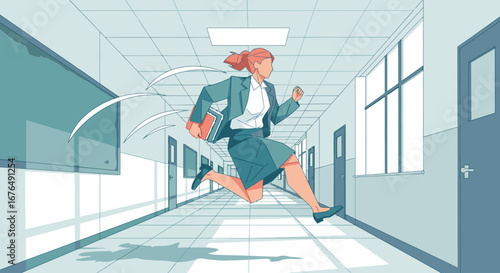 Dynamic illustration of a businesswoman in a suit running urgently down a long, empty office or school hallway.