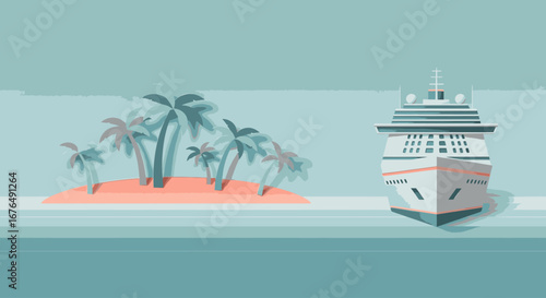 A stylized illustration of a large cruise ship sailing on the ocean near a small tropical island with palm trees.