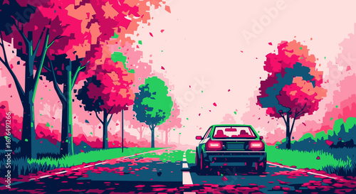 A pixel art illustration of a retro car driving down a scenic road lined with vibrant pink and green trees.