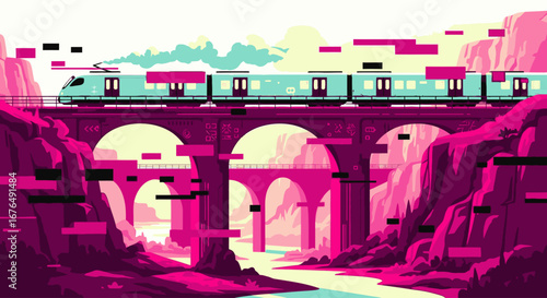 A digital art illustration of a modern train crossing a viaduct bridge over a canyon in a vibrant pink and cyan color palette.