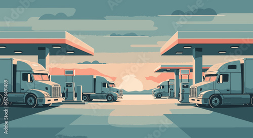 A minimalist illustration of semi-trucks refueling at a large truck stop during a serene sunrise or sunset.