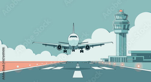 A passenger airplane landing on a runway with an air traffic control tower in the background.