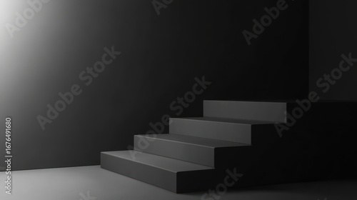 Dark room with illuminated black stairs.