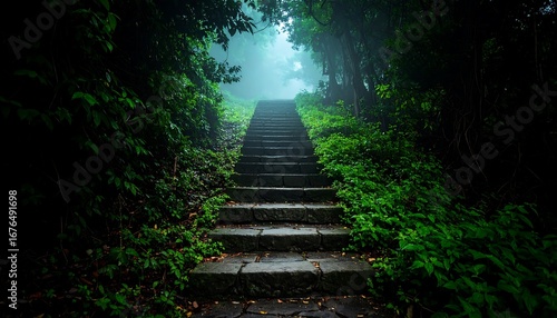 Misty steps leading through a lush forest