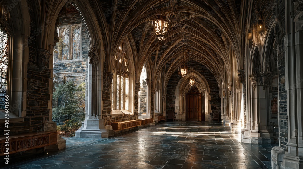 Fototapeta premium Architectural beauty of a gothic-style corridor with stained gla