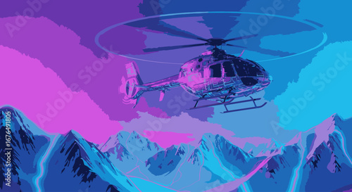 A reflective helicopter soars through a vibrant, neon-colored sky above a stylized mountain range.