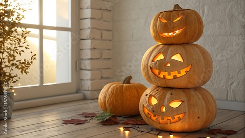 Stack of carved pumpkins with glowing faces for Halloween decoration.