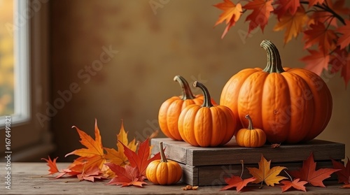 Autumn pumpkins and colorful maple leaves gourds squash