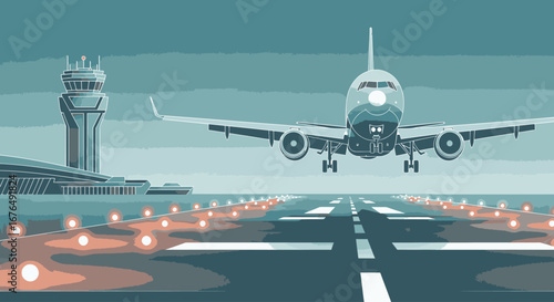 A commercial passenger airplane on final approach for landing on an illuminated runway with the air traffic control tower in the background.