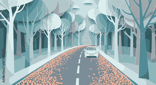 A white car drives down a scenic road through a stylized, blue-toned forest during autumn.