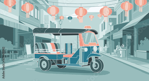 An illustrated tuk-tuk on a city street in Asia decorated with hanging paper lanterns.