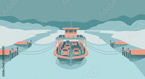 A stylized illustration of a car ferry docked at a pier, loaded with vehicles, on a calm river with mountains in the background.