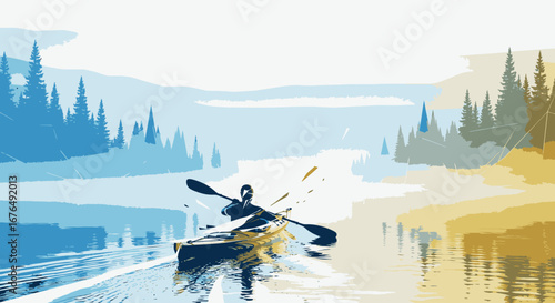 Artistic illustration of a person kayaking down a river surrounded by a stylized forest landscape.