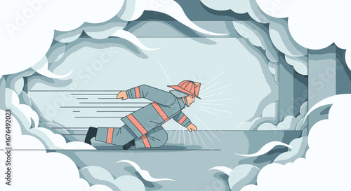 Illustration of a brave firefighter in uniform crawling through a dense, smoke-filled corridor during an emergency rescue mission.