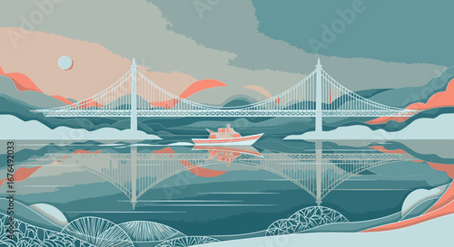 A stylized illustration of a suspension bridge over calm, reflective water with a ship passing underneath and mountains in the background.