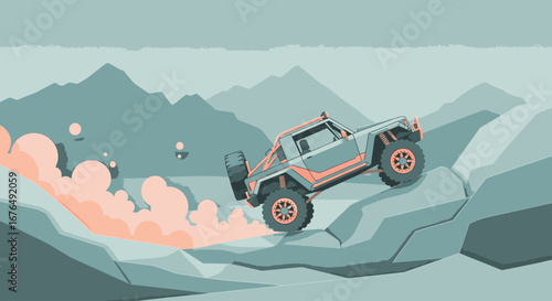 An illustration of a rugged off-road vehicle climbing a steep, rocky mountain pass, kicking up a cloud of dust.