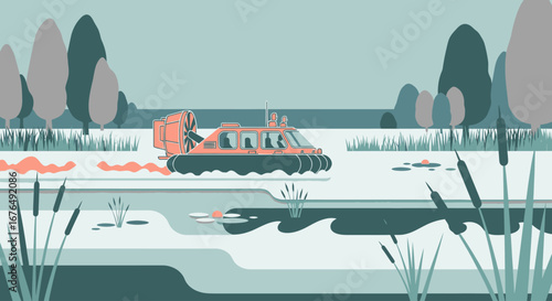 An orange hovercraft glides across a tranquil marsh, surrounded by reeds and a backdrop of stylized trees in a cool-toned illustration.