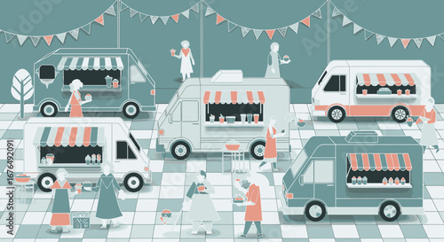 Stylized illustration of a vibrant food truck festival with people buying and eating street food.