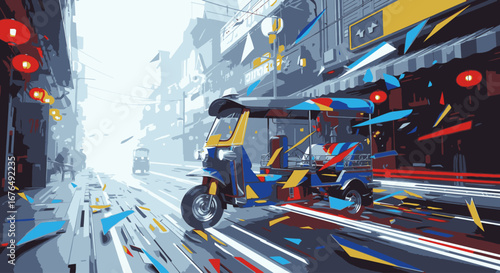A vibrant, stylized illustration of a colorful tuk-tuk speeding through a dynamic Asian city street.