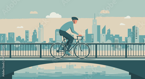 Illustration of a man cycling on a bridge with a modern city skyline reflected in the water below.