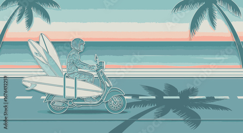 Stylized illustration of a surfer on a scooter carrying surfboards along a scenic coastal road at dawn or dusk.