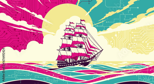 A stylized illustration of a tall ship sailing on a digital sea under a circuit-board sky.