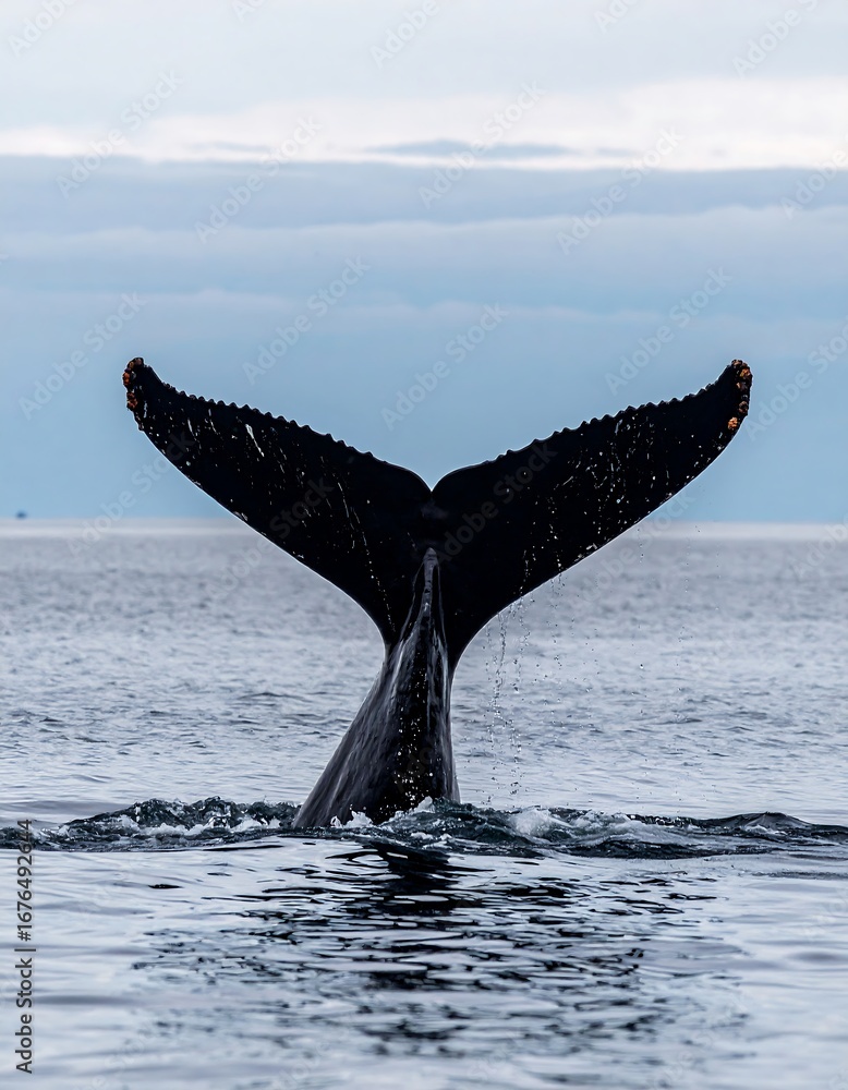 Fototapeta premium Whale's fluke rises from ocean waves against a calm, hazy sky