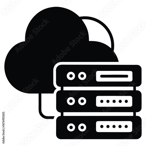 Black silhouette icon of cloud computing with connected servers data storage