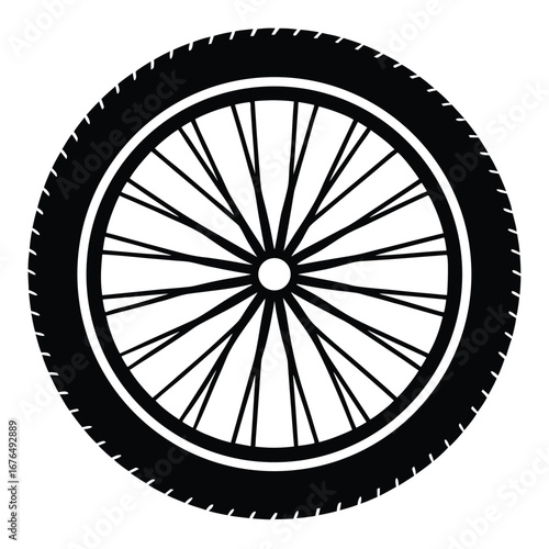 Black silhouette of a bicycle wheel with spokes and tire treads bike