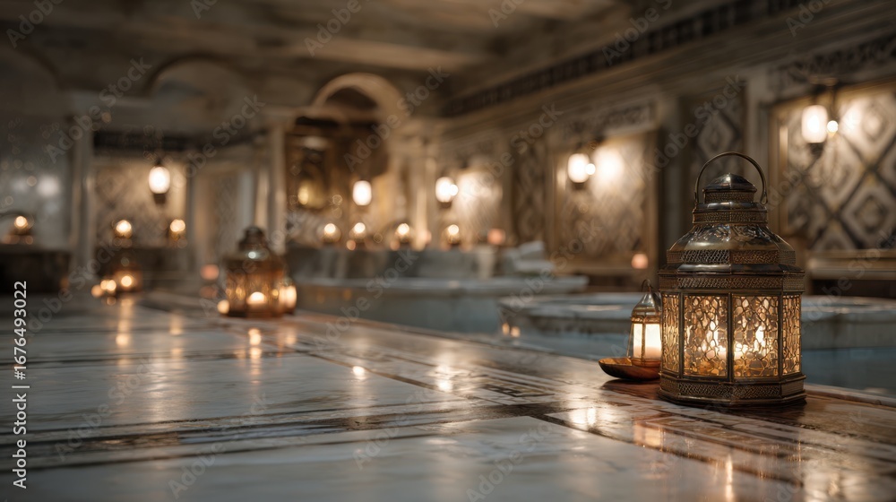 Fototapeta premium Luxurious spa setting with ornate lanterns and tranquil water fe