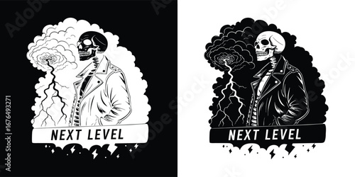 Skeleton with lightning and text next level on black and white background