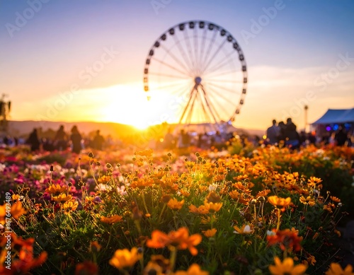Wallpaper Mural Vibrant sunset hues bathe a field of flowers in warm light, with a Ferris wheel silhouetted in the background Torontodigital.ca