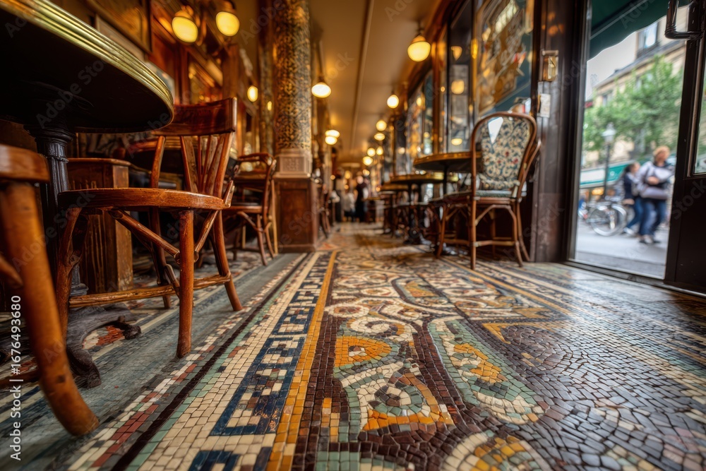 Naklejka premium Elegant interior of a charming cafe in Paris filled with natural