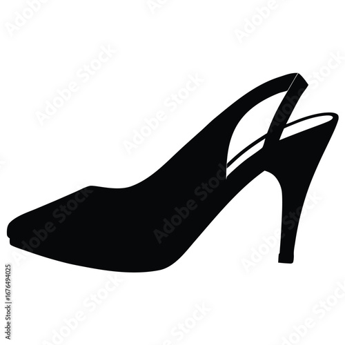 Black Silhouette of a High Heel Slingback Shoe on White stiletto women's shoe